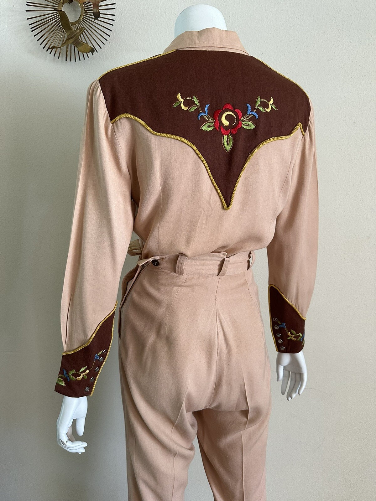 1940s Western Gabardine Cowgirl Suit Embroidered Pearl Snap Shirt & Pant Set XS