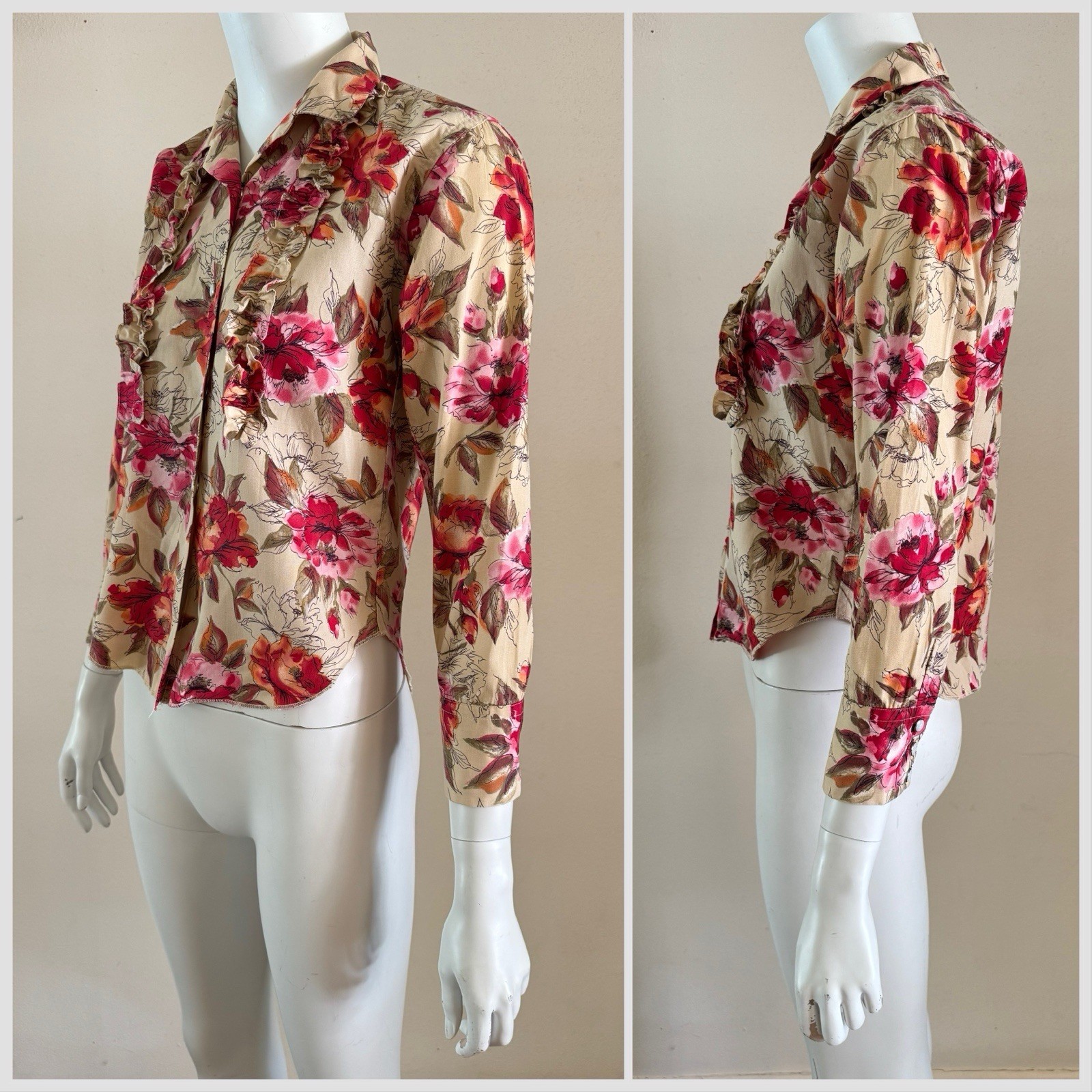 H Bar C Western Pearl Snap Ruffle Blouse Floral Rockabilly Shirt USA S Vintage