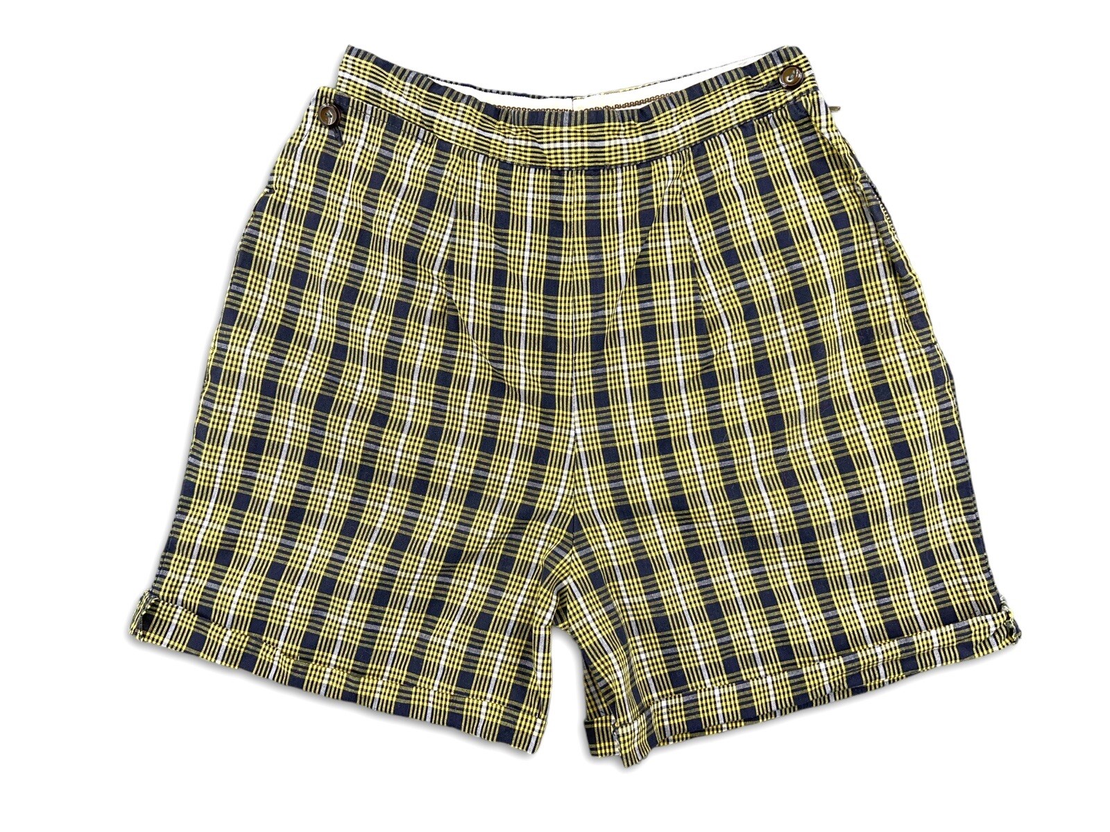 VINTAGE SHIRE-TEX SIDE ZIP HIGH WAISTED SHORTS 40S 50S YELLOW PLAID 22″