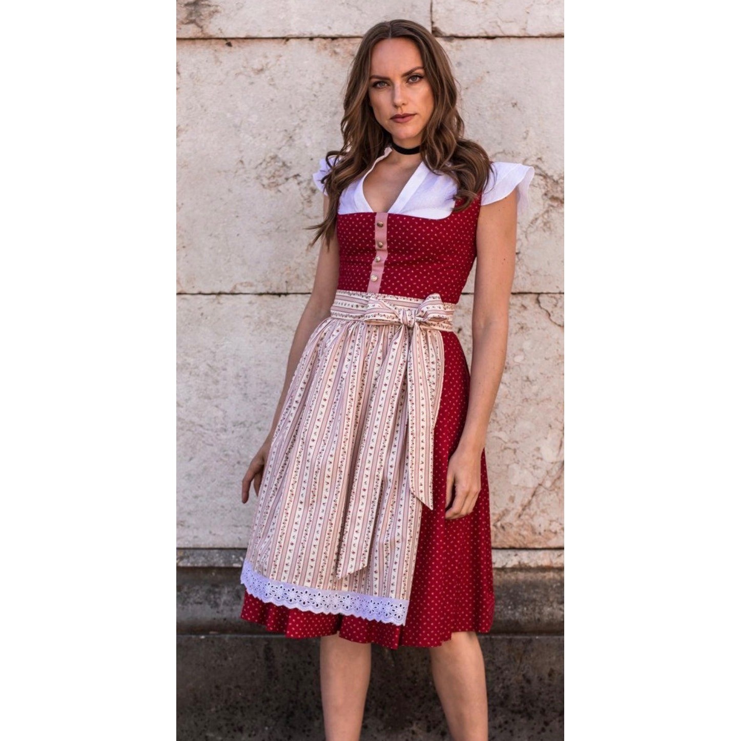 German Dirndl Inspired Dress Size 40 Red Floral Cotton Alpine Cottagecore