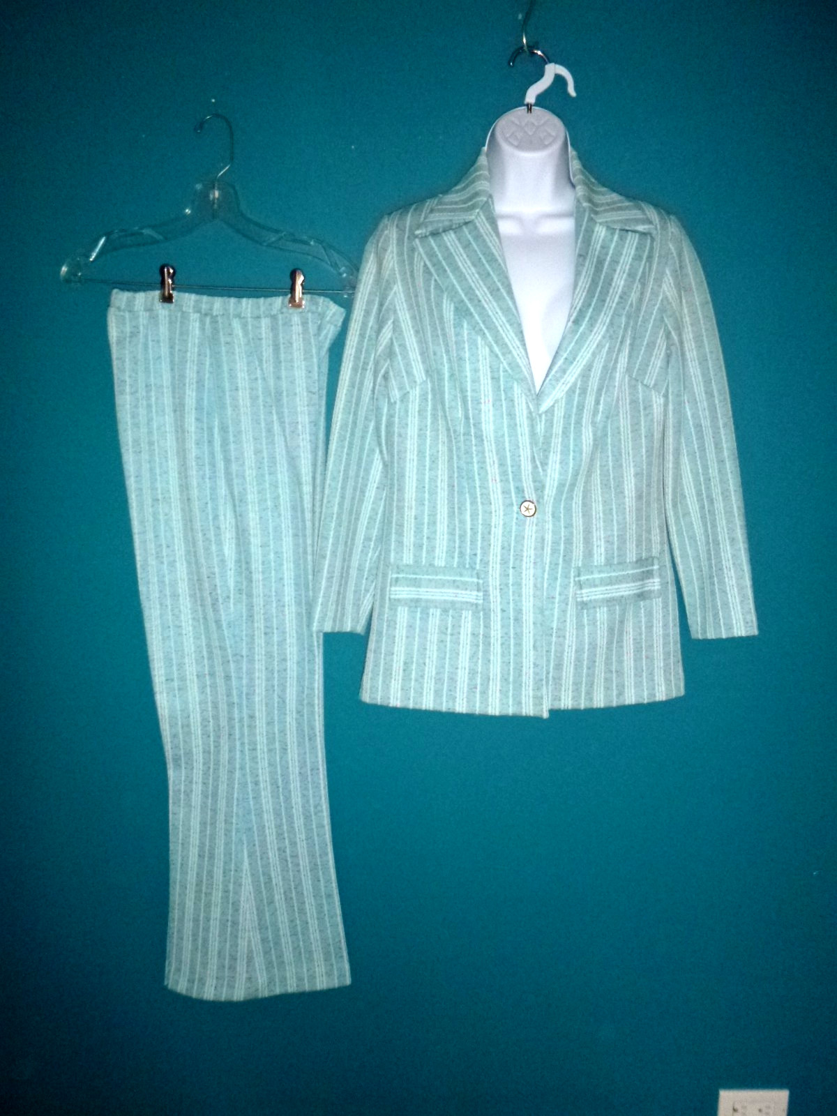 Vtg 70s Graff Textured Stretch Poly Pant Suit Aqua Colored Flecks Sz S