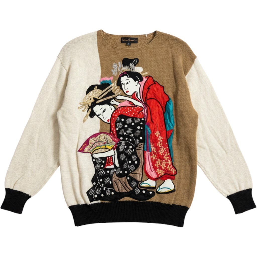 Vintage 1986 Bonnie Boerer Geisha Embroidered Knit Sweater Metallic Tan Cream S