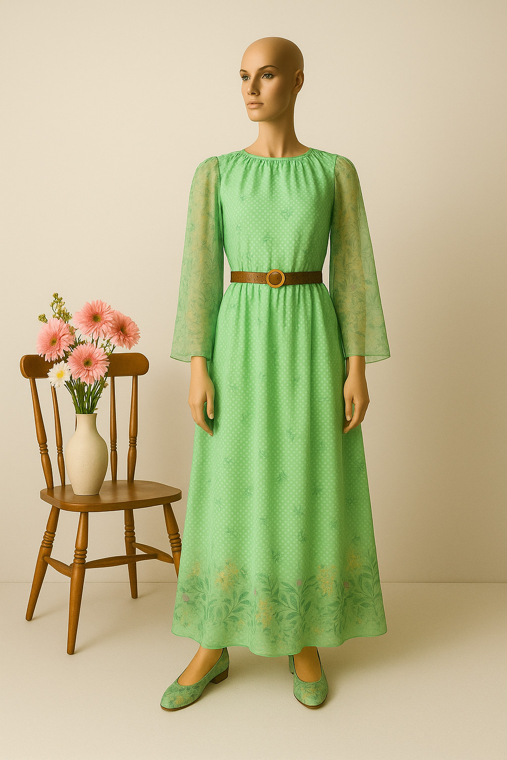 Maxi dress trumpet sleeve hippie dress mint dots ABBA 70s vintage 40 42
