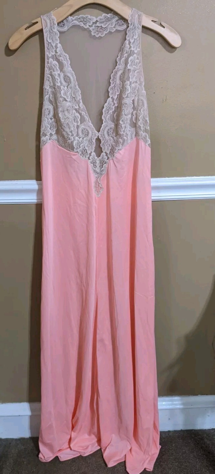 Vintage Glydons Of Hollywood Lace Nylon Peach/Pink Nightgown Size Large USA