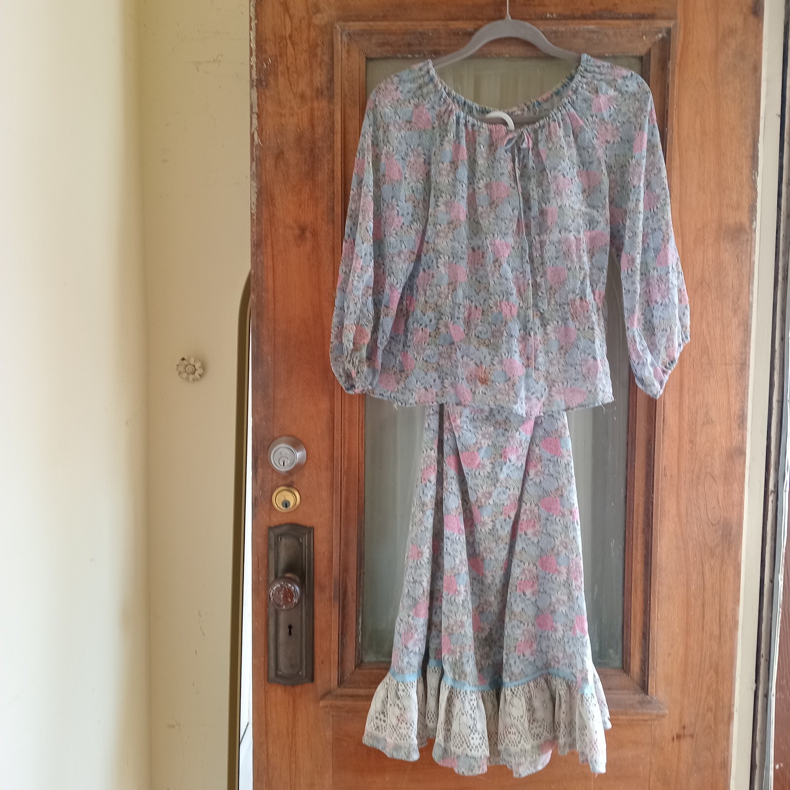 Vintage 70s Pastel Blue Floral 2 Piece Shirt Skirt Set S Hippie Boho Festival S