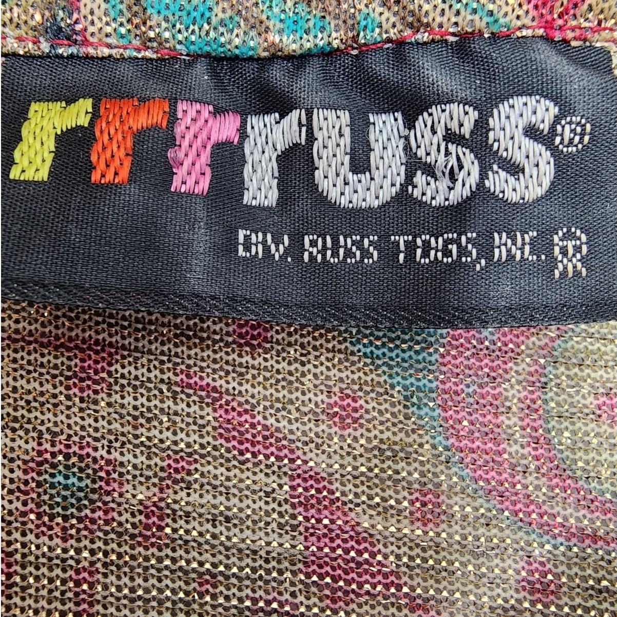 Vintage Russ Top Womens S Multicolor Shimmer Paisley Button Neck Balloon Sleeve