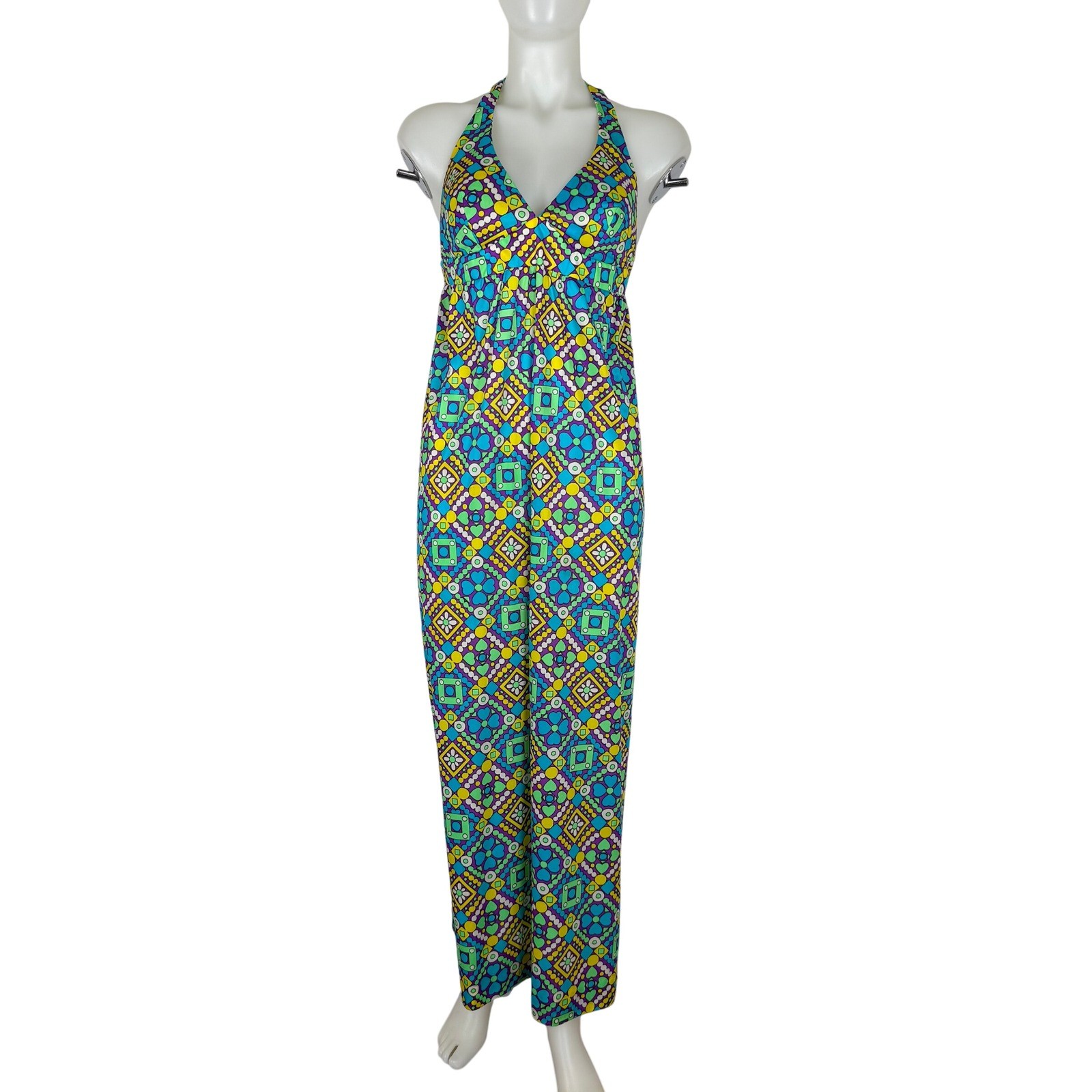 Vintage 1970s Halter Maxi Dress Psychedelic Geometric Boho Retro Hippie Small
