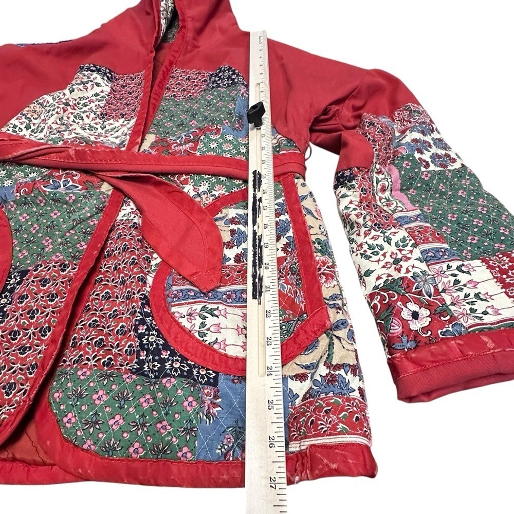 Vintage Handmade Quilted Patchwork Jacket Hooded Tie Front Cottagecore Boho