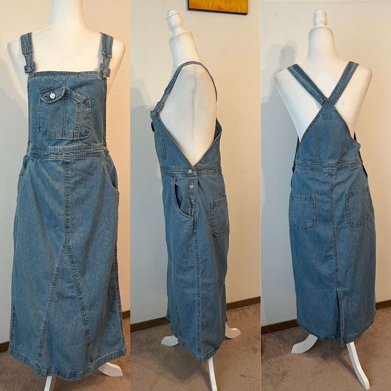 Vintage 90’s Expressions Blue Denim Overall Midi Dress Wm Md Pockets