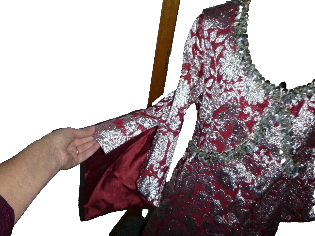 Vintage 60’s Silver Metallic/Burgundy Jacquard Diva Maxi Dress L