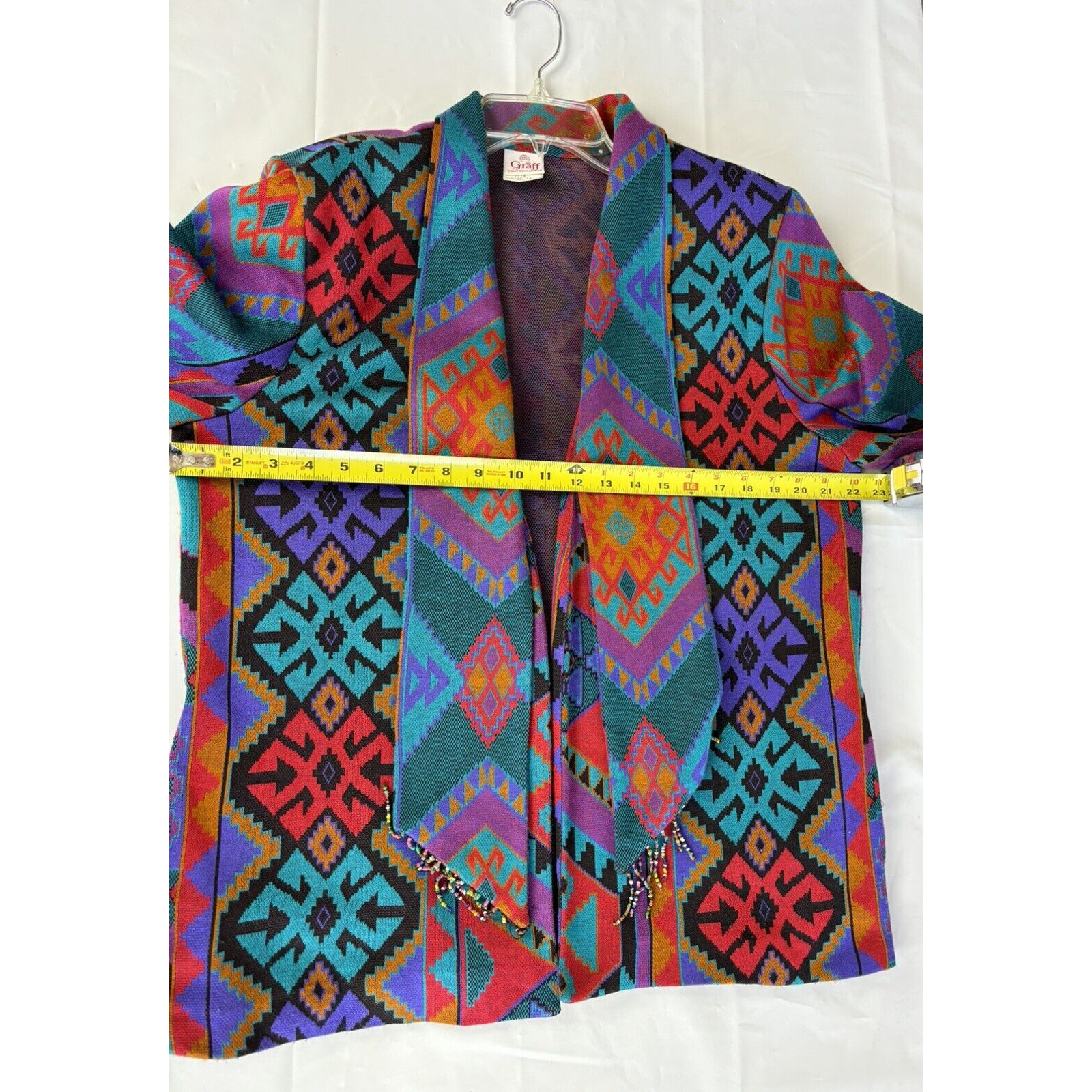 Vintage Graff California Wear Aztec Tribal Open Front Beaded Fringe Cardigan 14