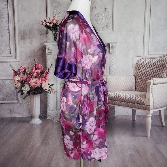 Vintage Sheer Floral Purple Multi-Color Double Tie Waist Robe Size Medium