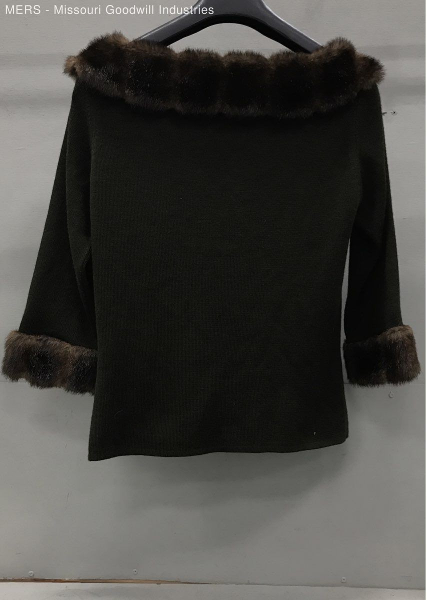 Vintage 90s Carole Little Women’s Olive Green Faux Fur Trim Knit Sweater Sz M