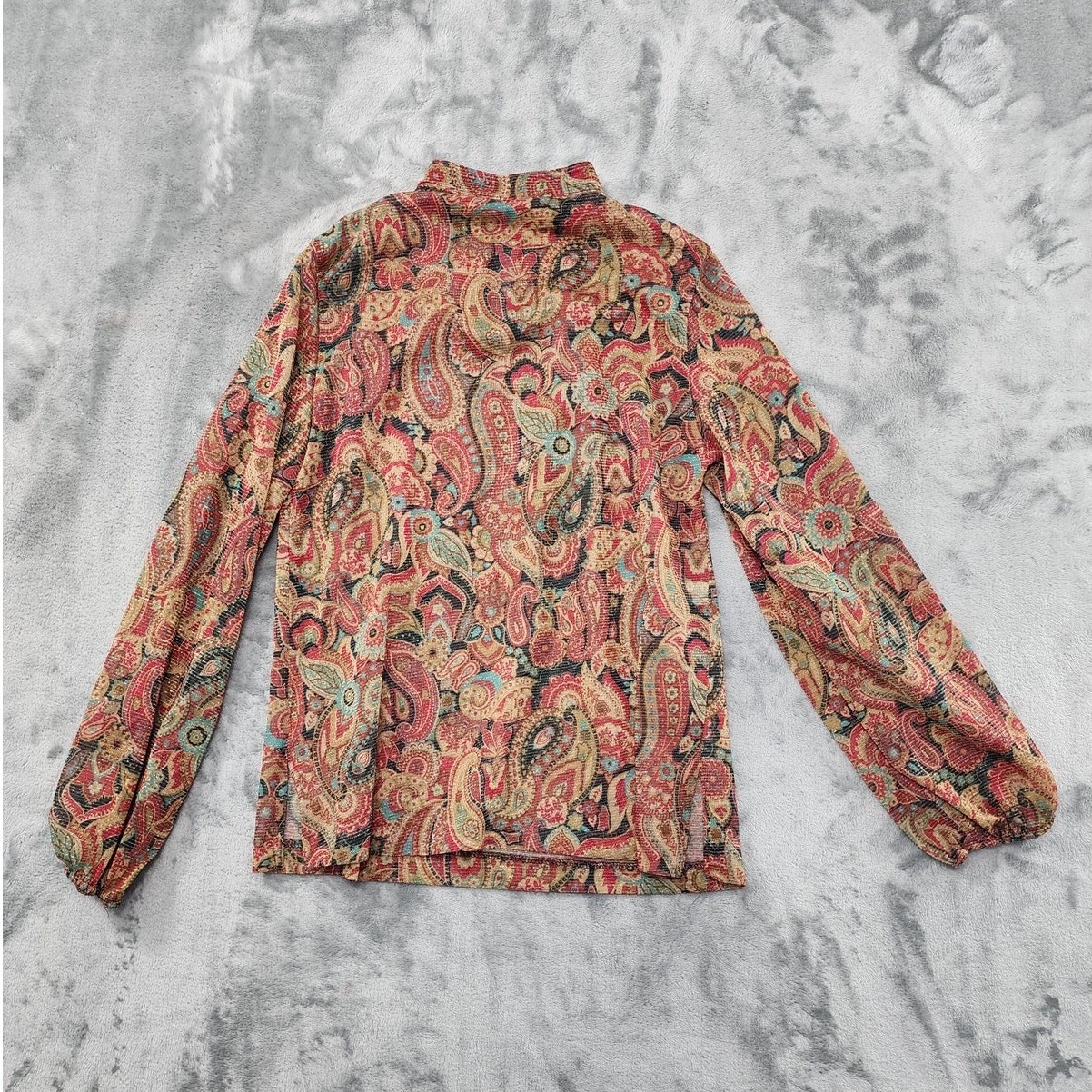 Vintage Russ Top Womens S Multicolor Shimmer Paisley Button Neck Balloon Sleeve