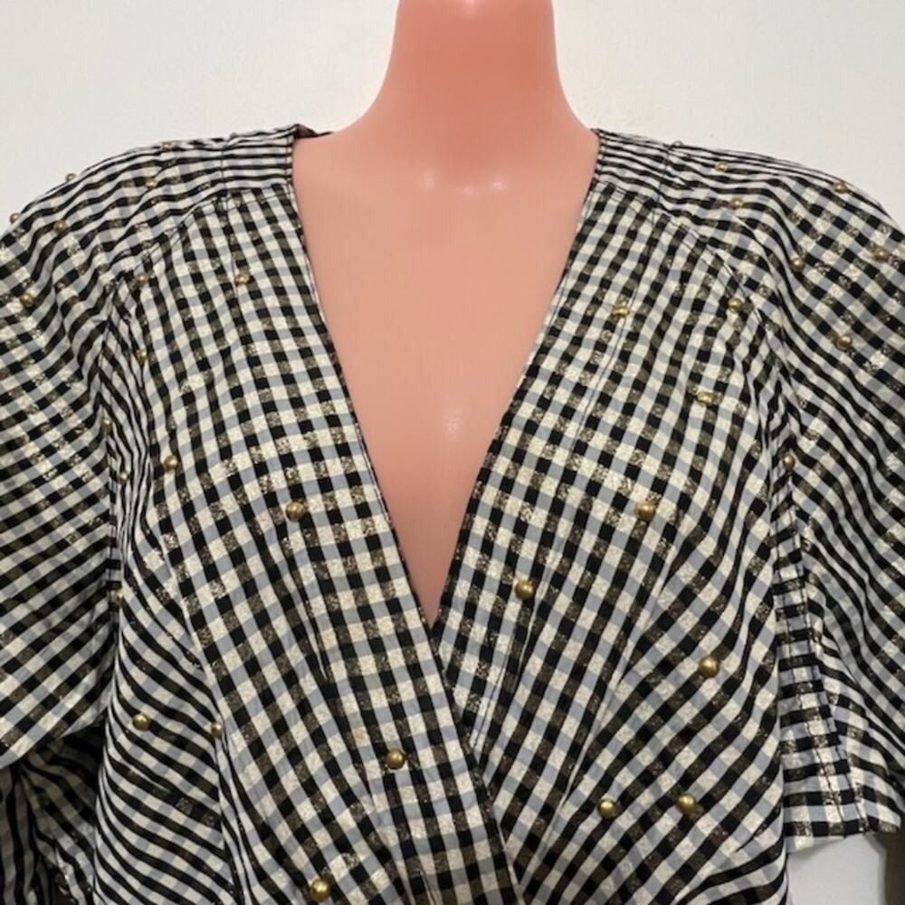 Vintage Opal Hot Property Gingham Metallic Gold Studded Wrap Blouse Small USA