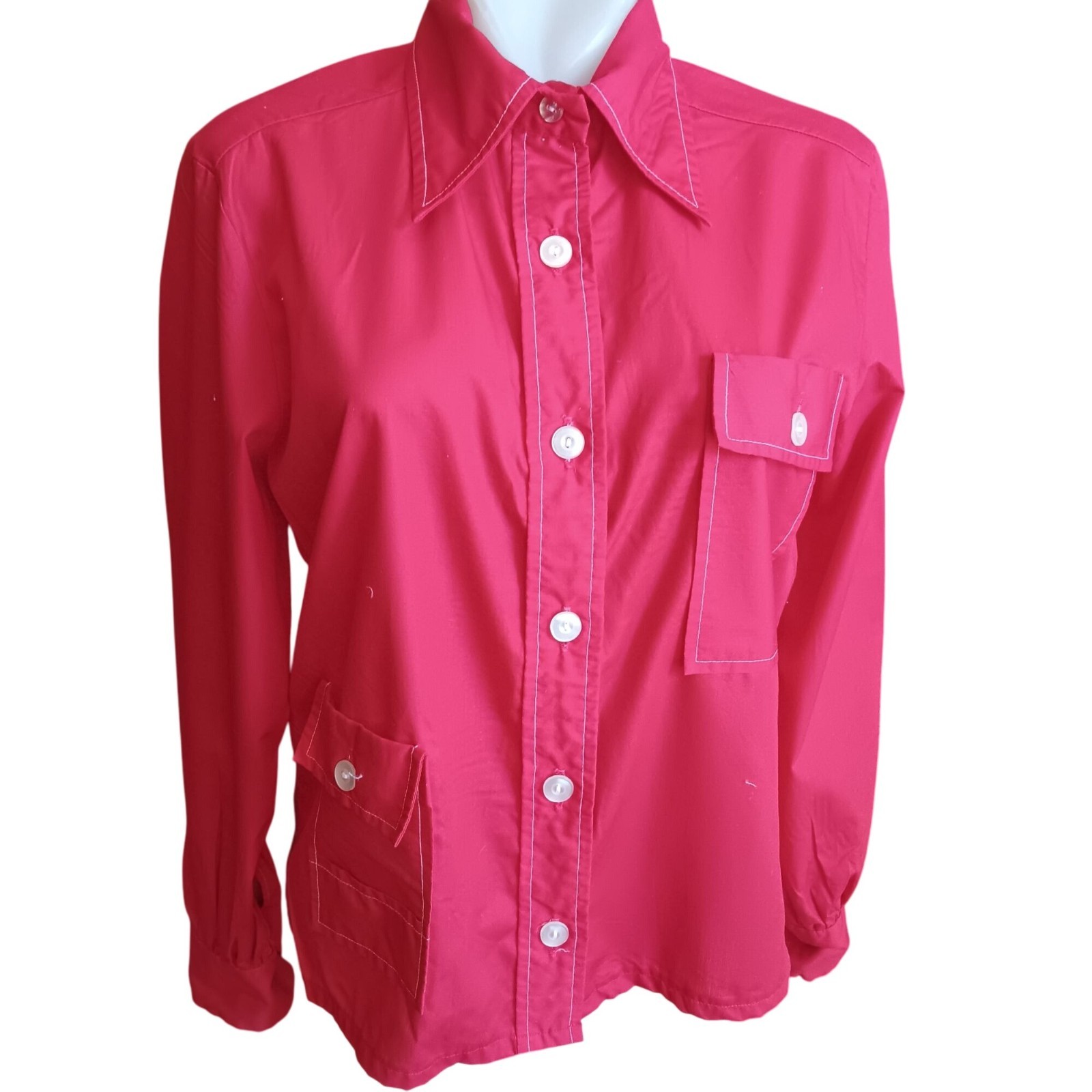 Lady Manhattan True Vintage Mod Blouse 16 Large 60’s Shirt Chore Pocket Red