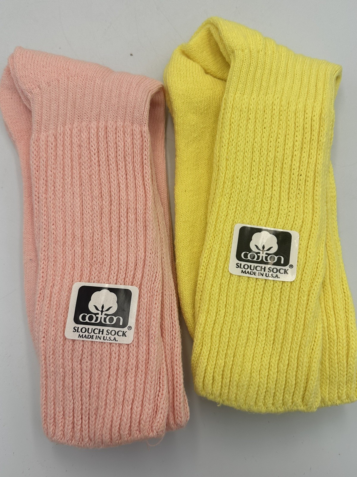 2 Vintage 1980s-1990s Slouch Socks Pink Yellow USA 100% Cotton New