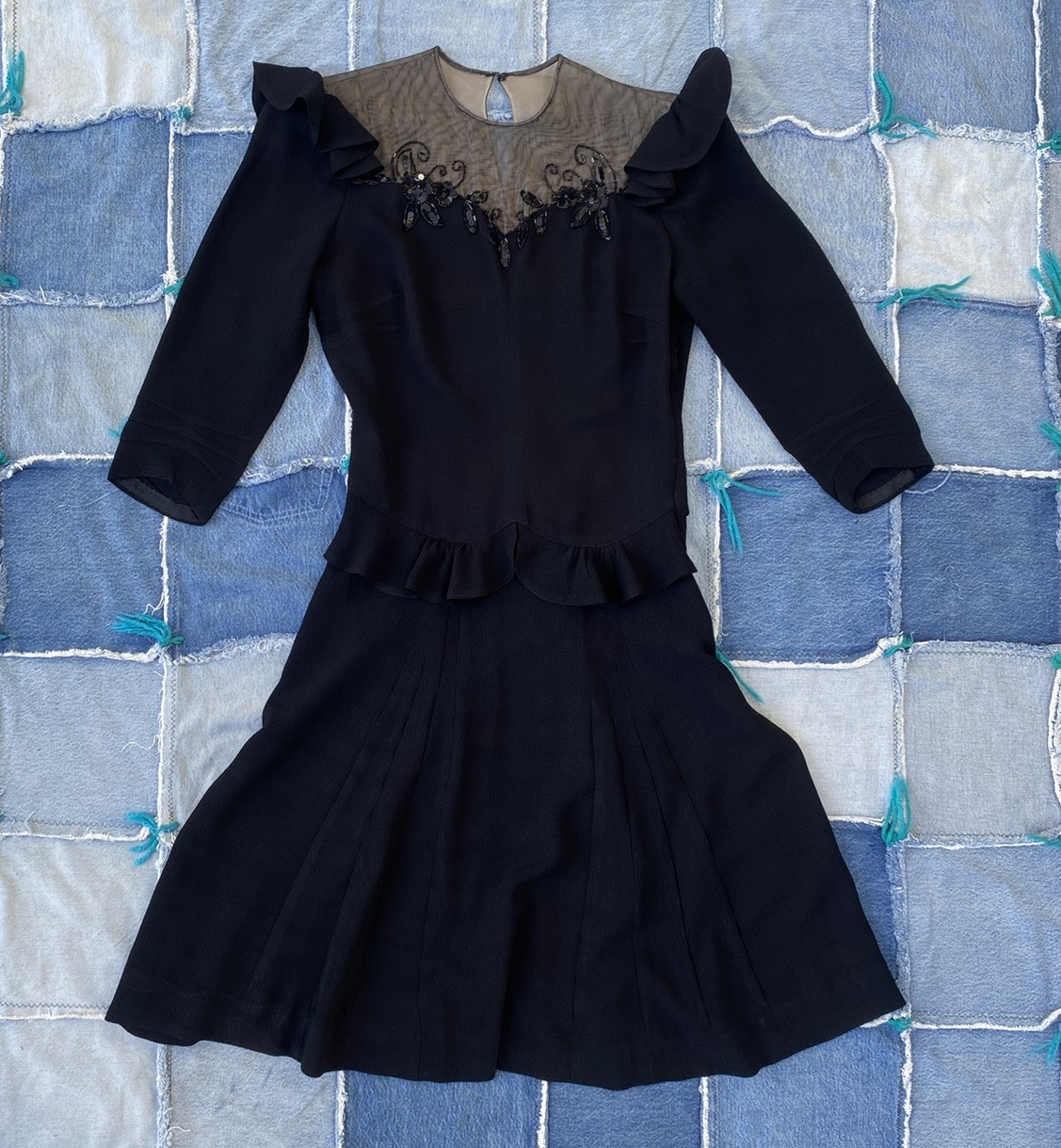 Vintage 40s 50s Rayon Crepe Cocktail Dress Beaded Illusion Party Dress XS