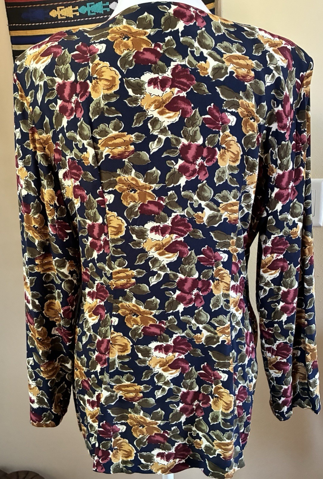 Vintage 90s Wrapper Rayon Navy Floral Double Breasted Jacket Blazer USA Made M