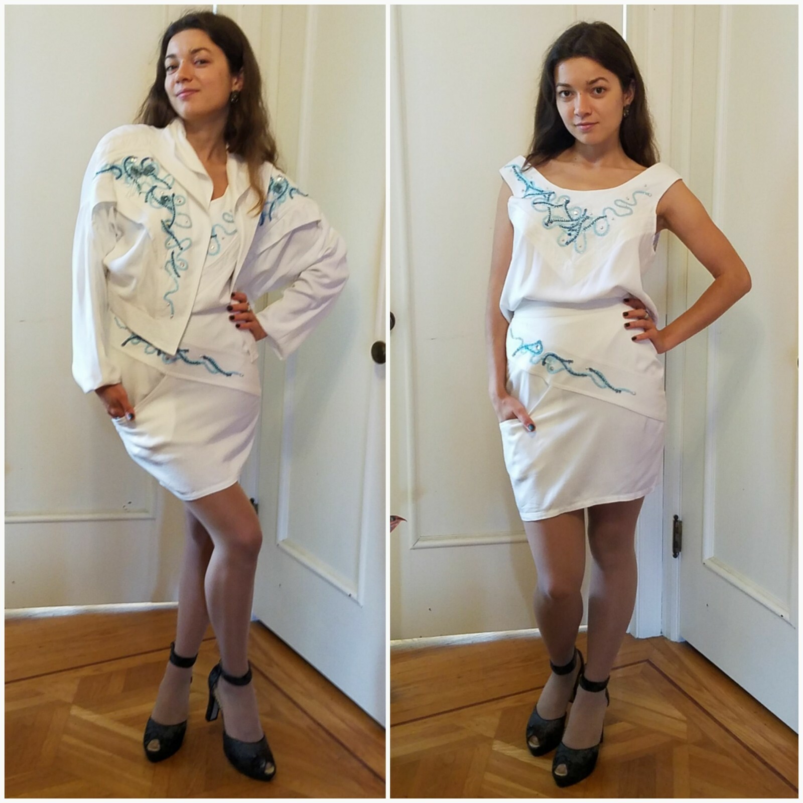 Vtg 80s Wht 3 Pc Jacket Top Skirt Sz M Turquoise Sequins Beaded IIF Art to Wear