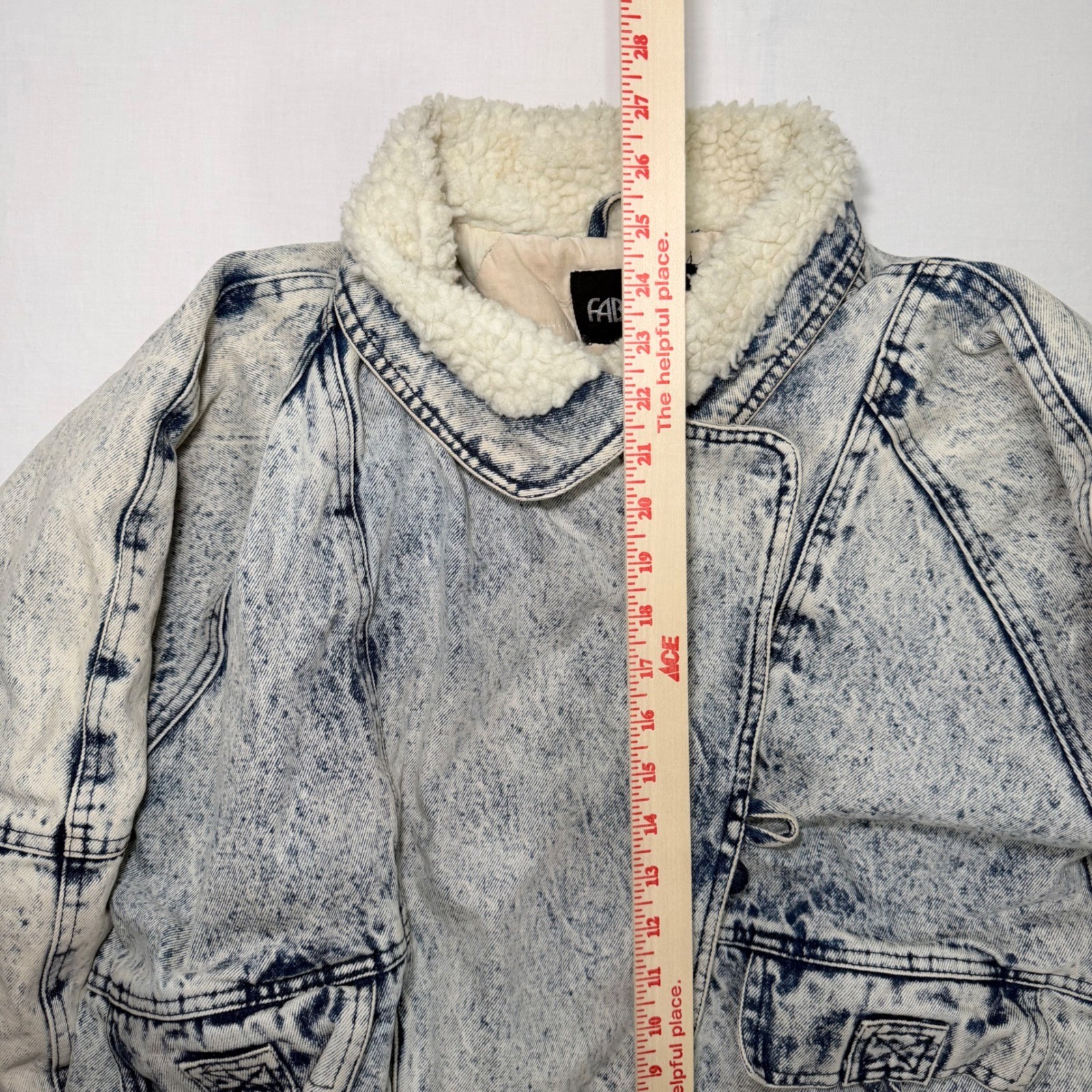 Vintage 80s Fabriano Acid Wash Denim Sherpa Bomber Jacket Womens L Cropped 90s
