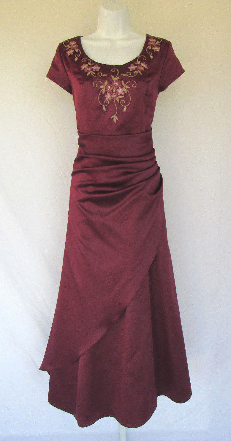 VTG 1970s 80s SAKS FIFTH AVENUE EVENING FORMAL DRESS BURGUNDY WINE EMBROIDERY