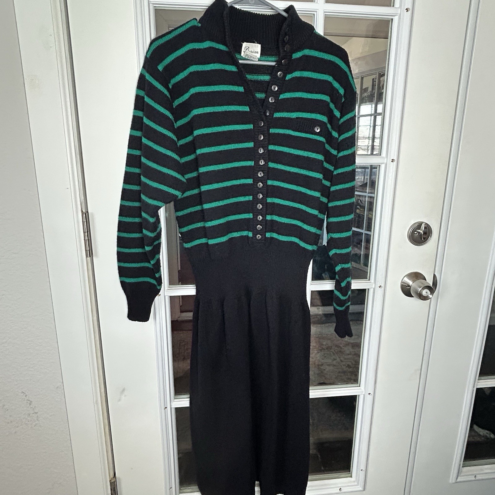 Vintage 70’s 80’s Sweater Dress Navy Blue And Green Striped Size Large