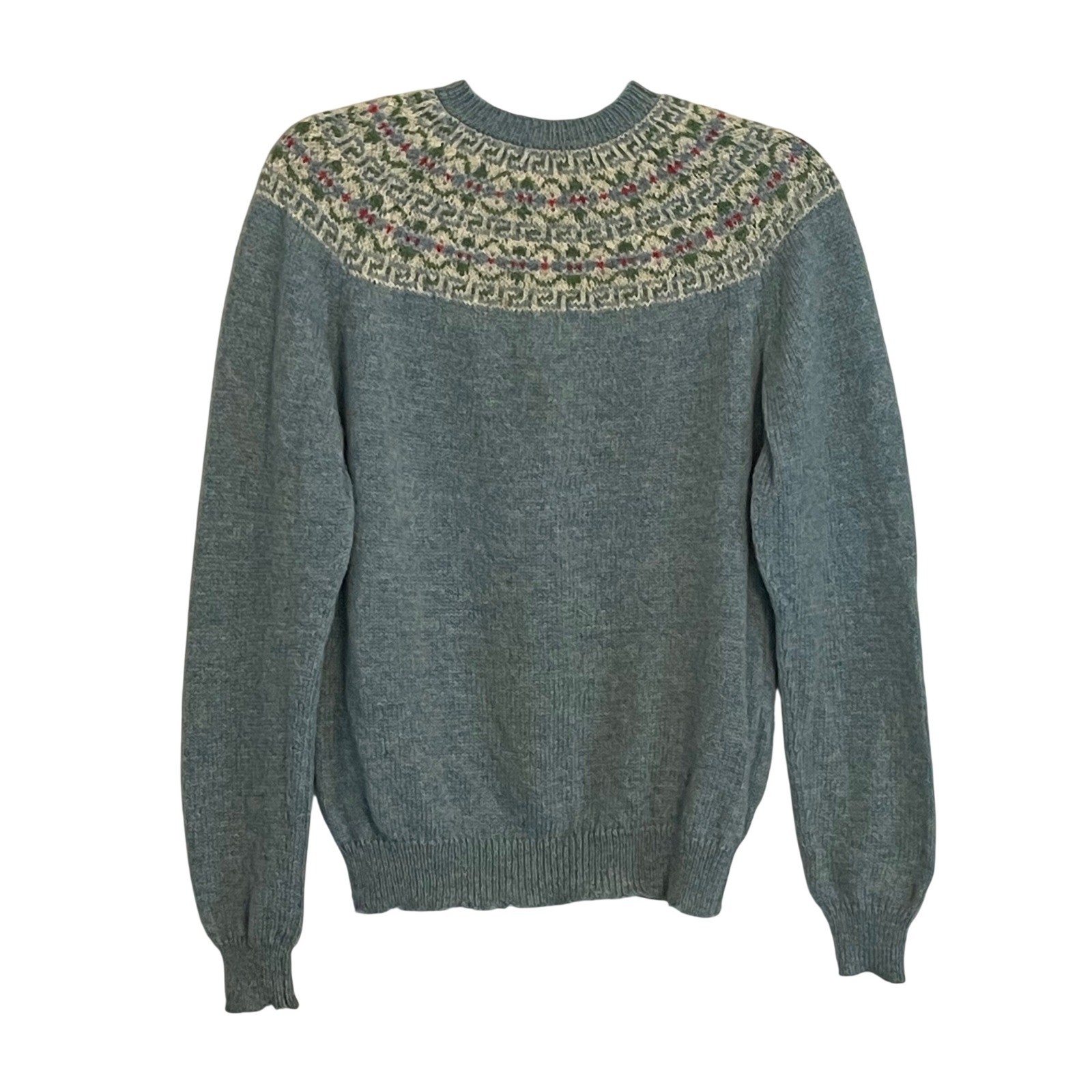 Croft-Spun Vintage Handknitted Fair Isle Wool Sweater Made in Scotland Blue Grey