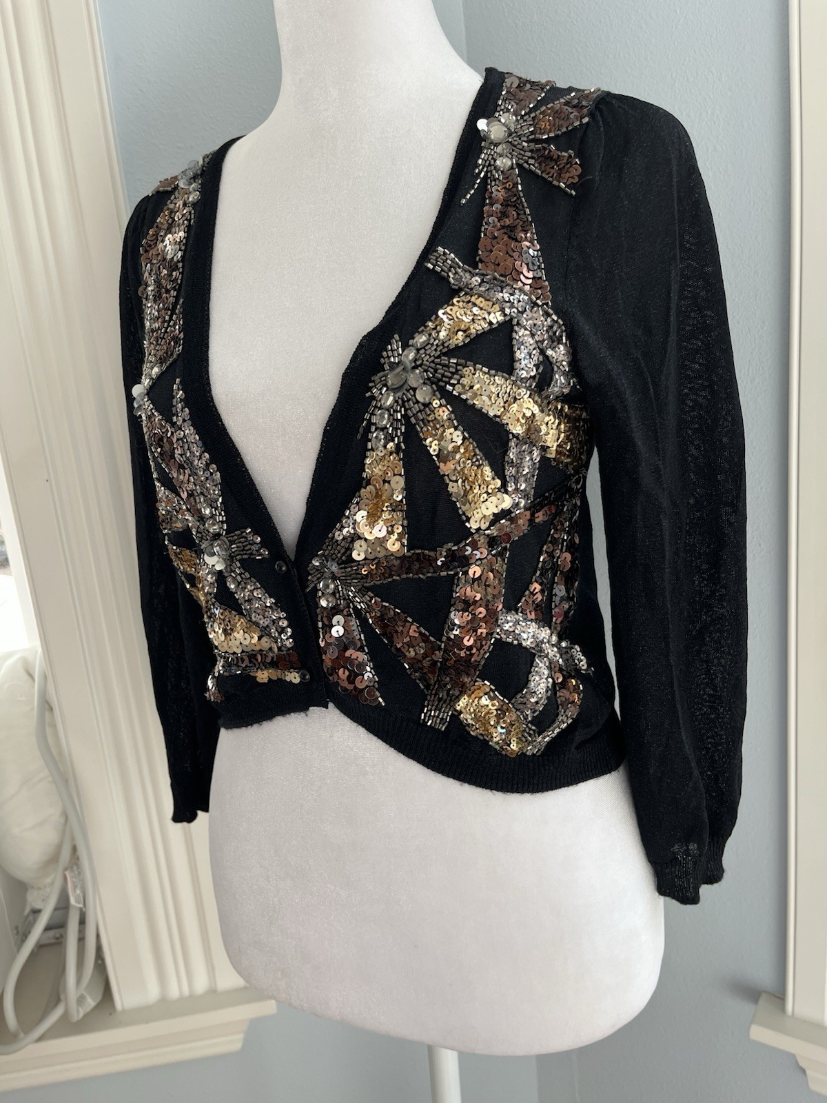 Sequin Beaded Sheer Black Gold Cardigan Sweater Pin-up Evening 80’s XS S Cropped