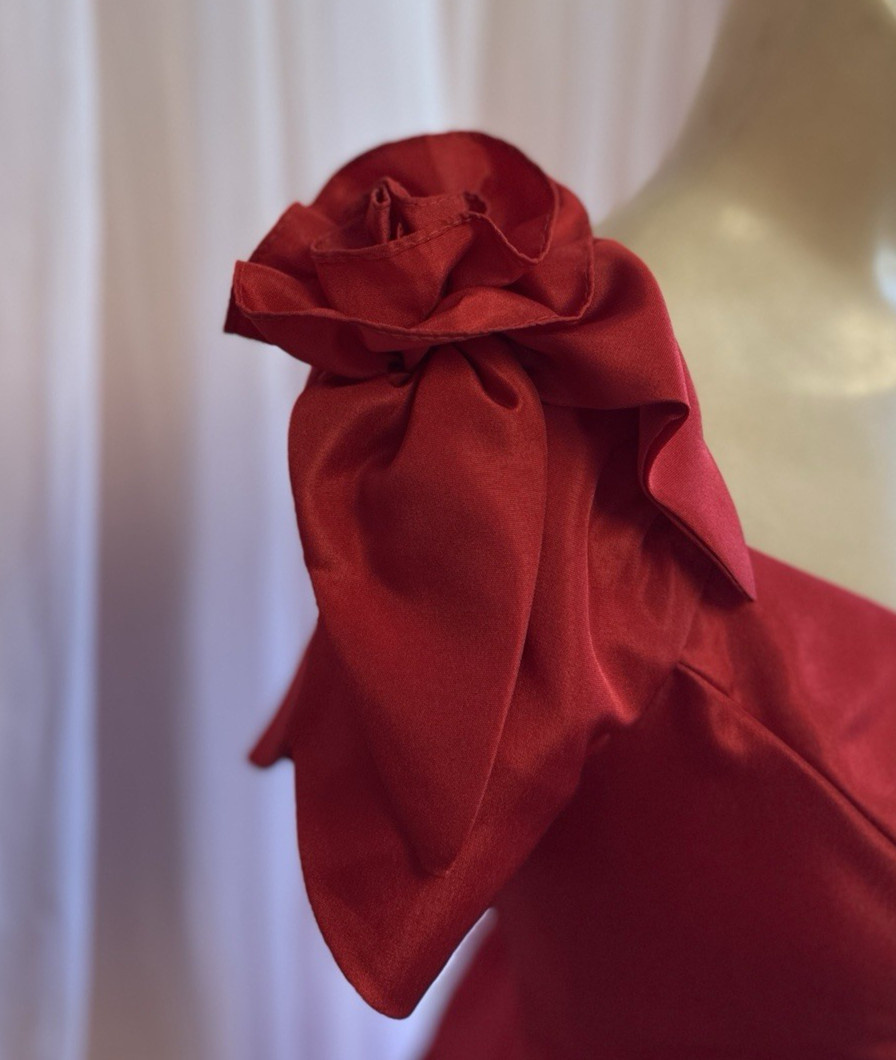 Vintage 80s Party Dress Red Puff Sleeves Bows Knee Length Prom New Wave M