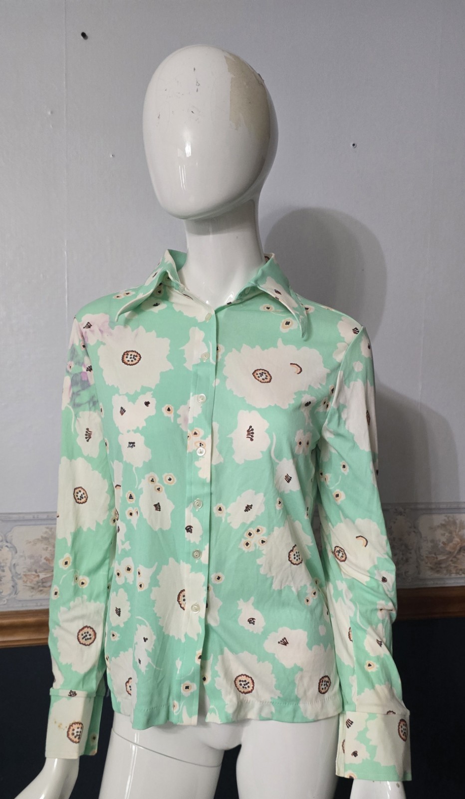 70s Mint Green Floral Disco Shirt Dagger Collar Fits Modern XS/S (Tagged L)
