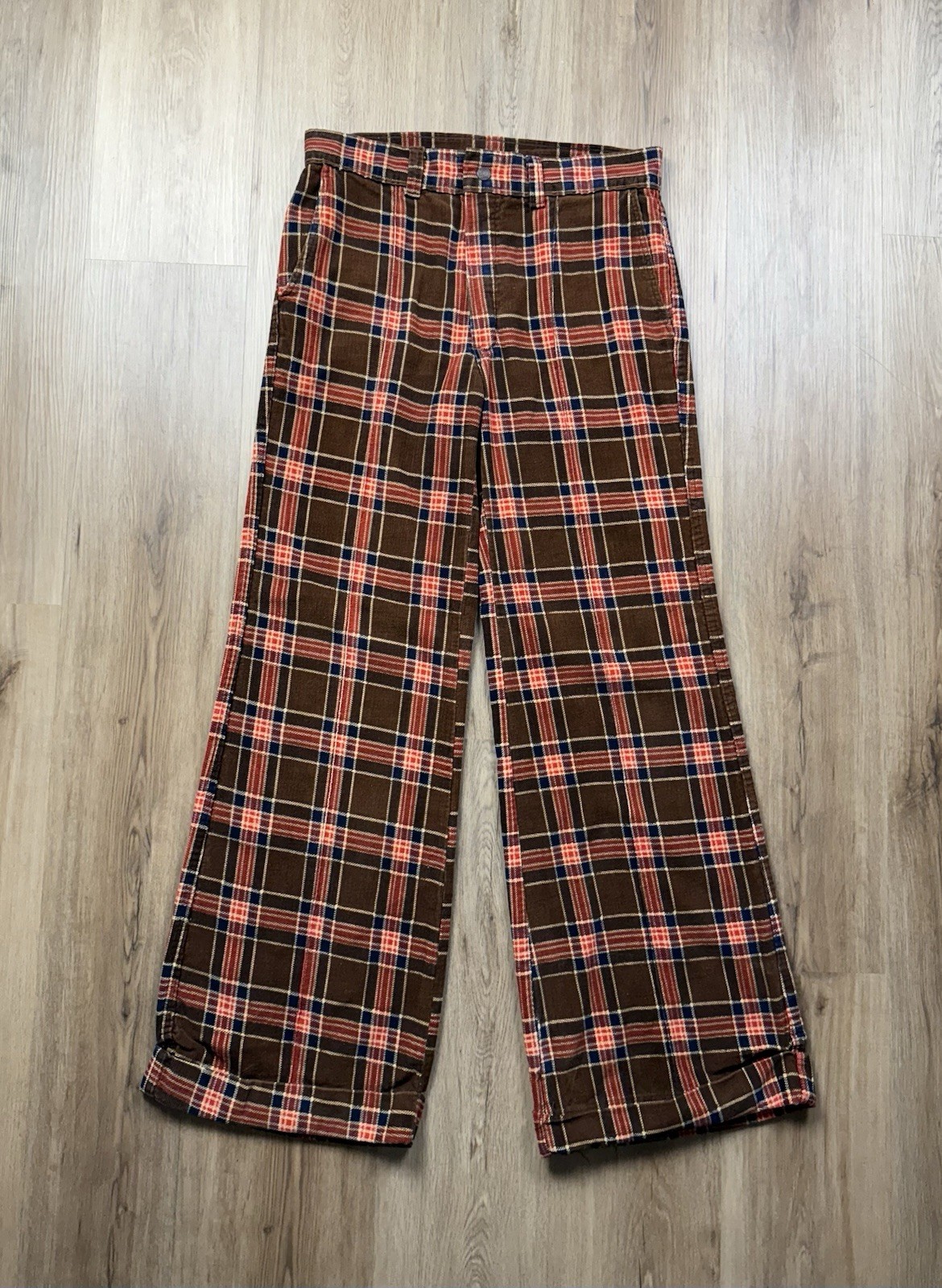 70’s VINTAGE Women’s Corduroy Hippie Flare Pants Size 31×31 Plaid Checkerboard