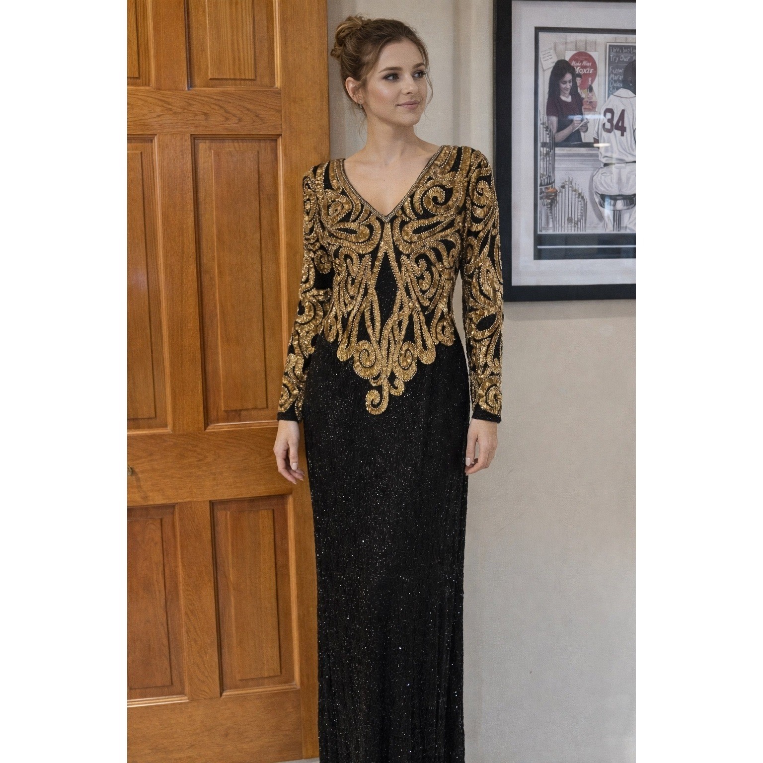Niteline Della Roufogali Vintage Silk Beaded Sequin Gown Gold Black Maxi Dress 8