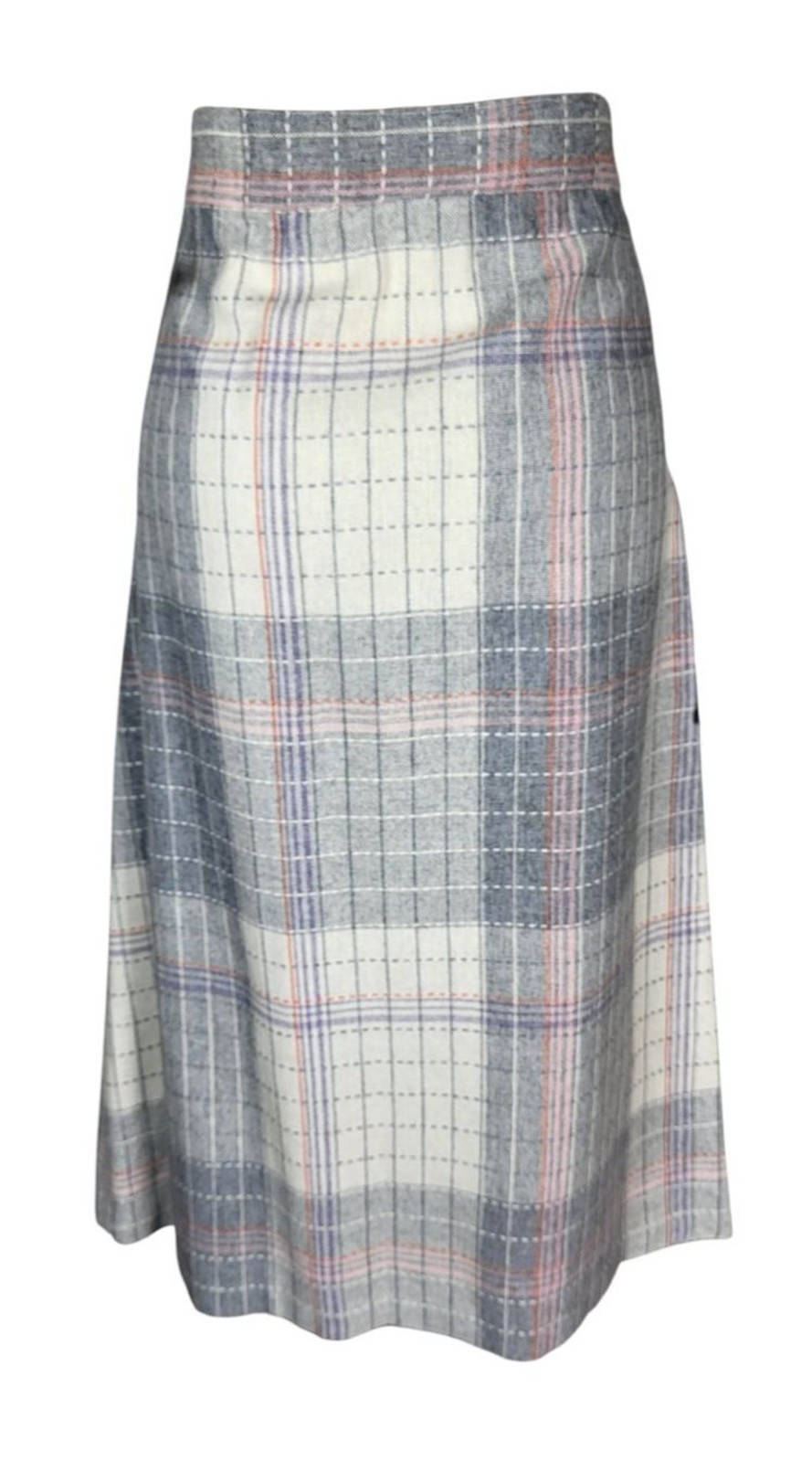 VTG 70s Wool Blend Grey Pink Plaid Tweed Midi Secretary Academia Librarian Skirt