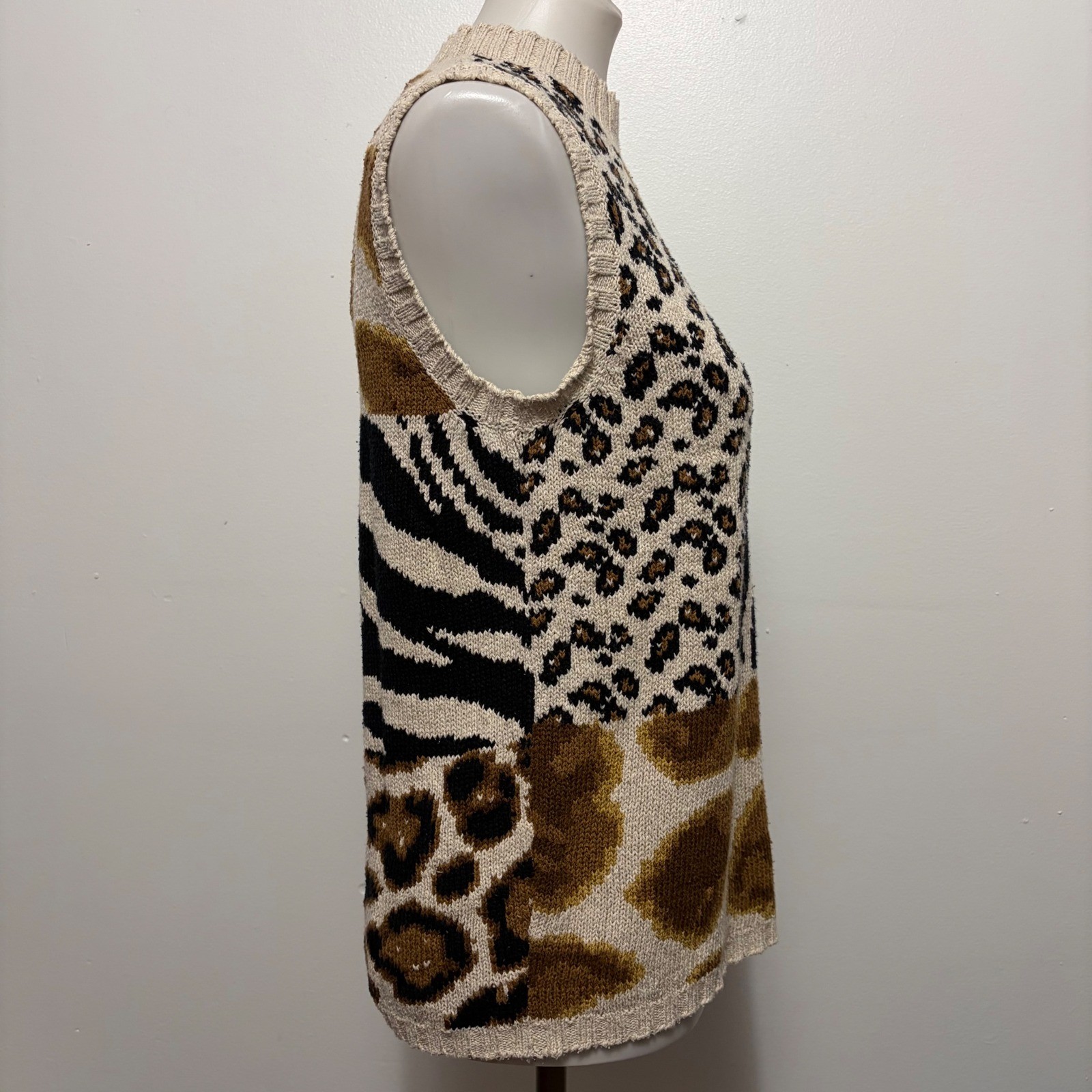Vintage David Brooks 80: Sweater Vest L Tan Animal Print Silk Linen Mock Neck