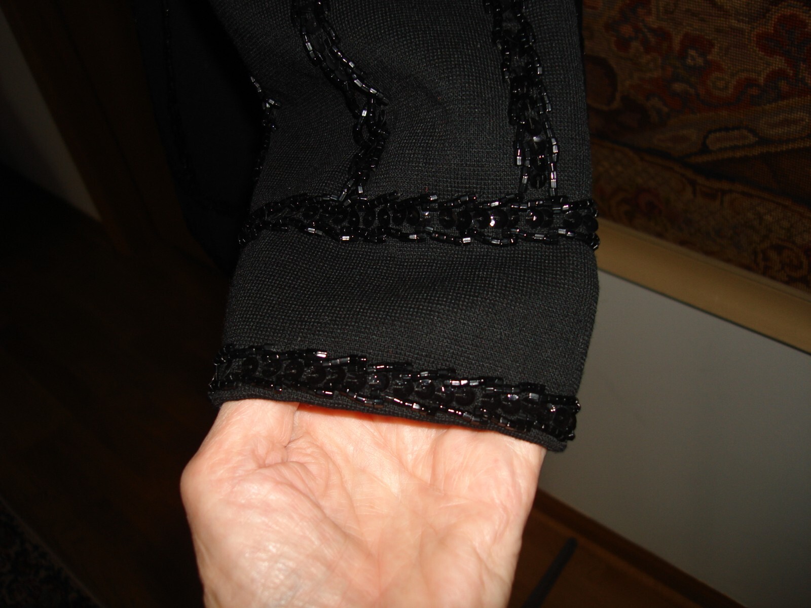 Vintage Unique 60s Palio Black Hand Beaded Sequin Virgin Wool Sweater Bluose M