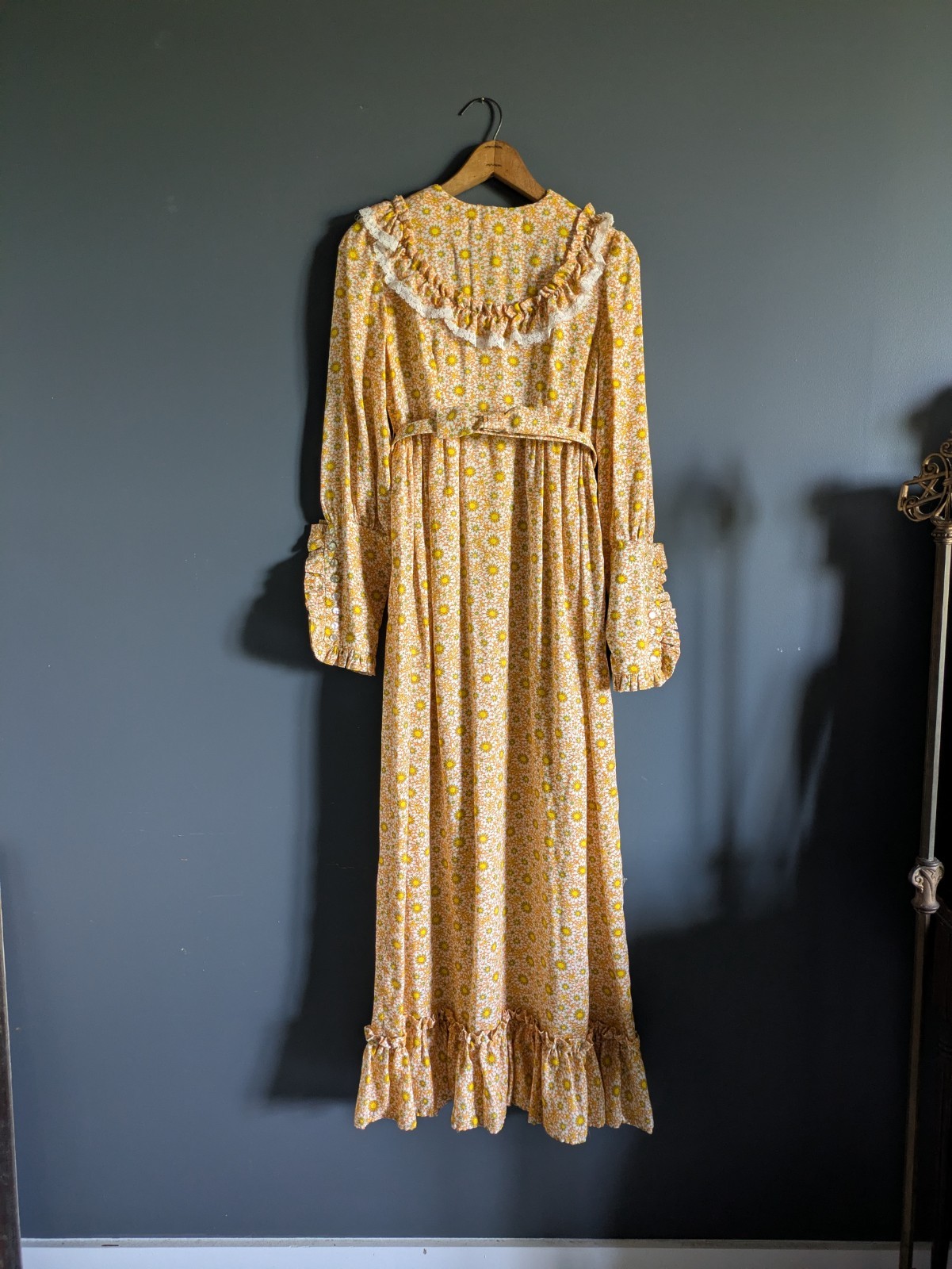 Vtg 1970 Psychedelic Floral Prairie Hostess Dress Yellow Orange Daisy Print Maxi