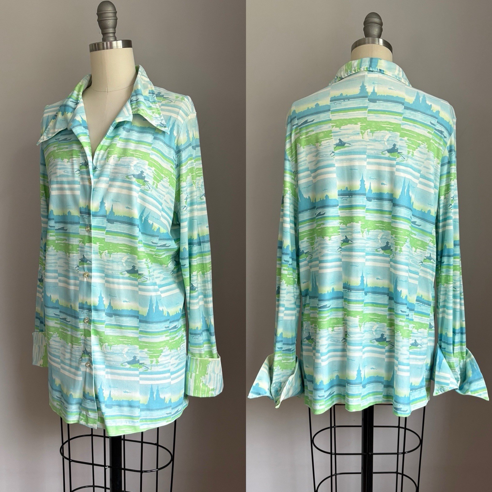 Vintage 1970’s Toni Row Boat Cityscape Print Dagger Collar Button Down Shirt L