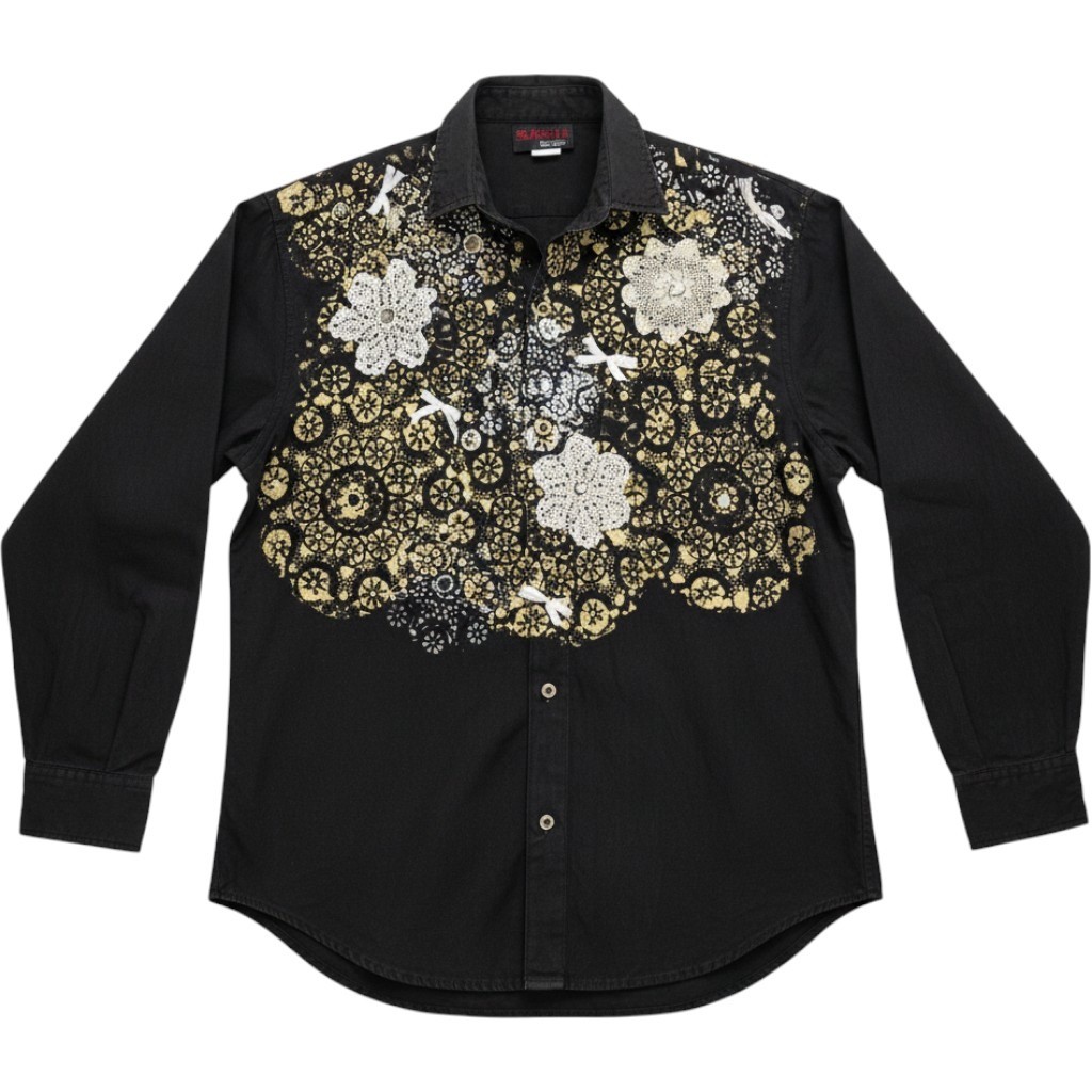 Vintage 90s Sunbelt Black Gold Lace Print Bedazzled Crochet Patch Top Small