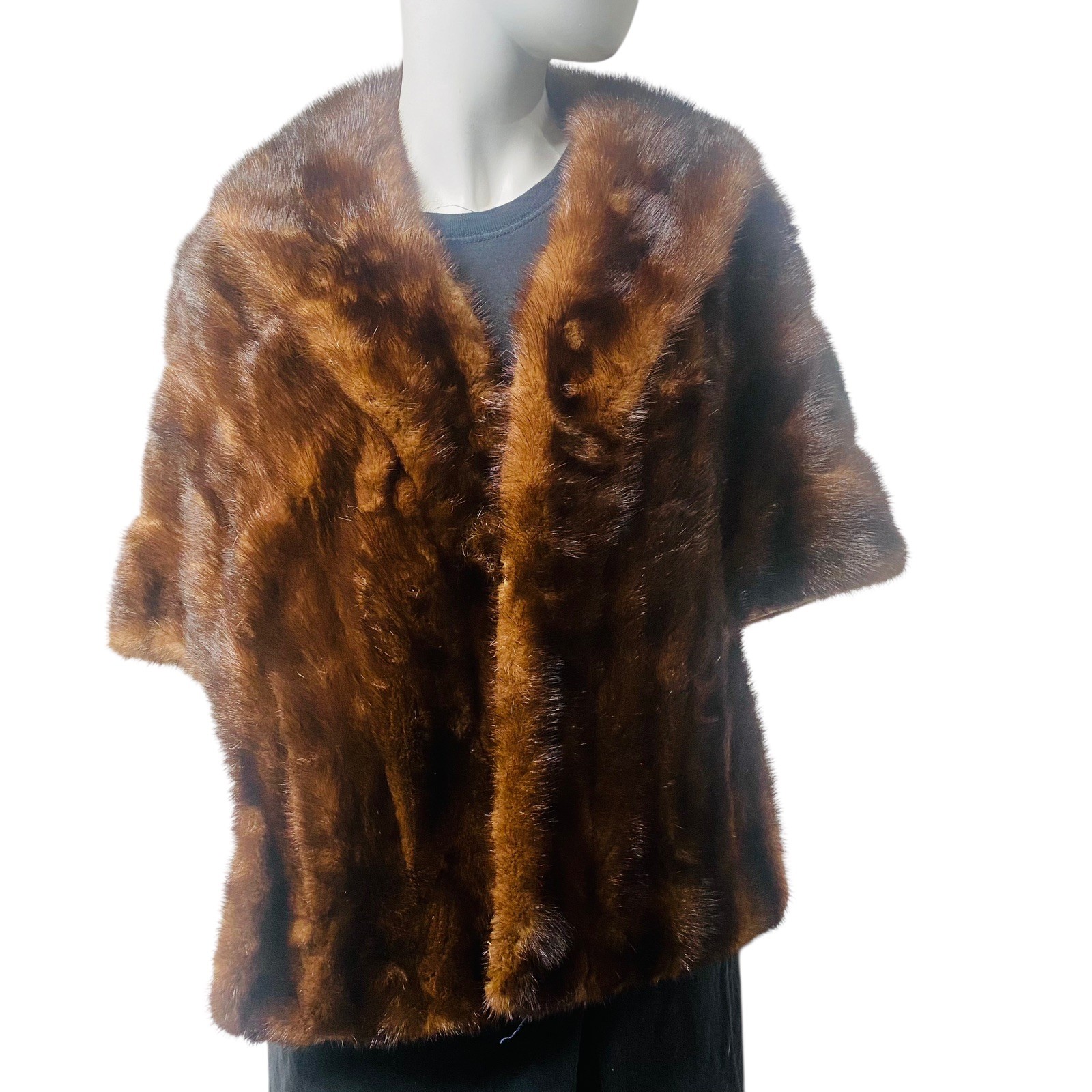Vtg MINK Fur Stole Shawl Cape Capelet Mahogony Brown Couture Tails Pockets NICE