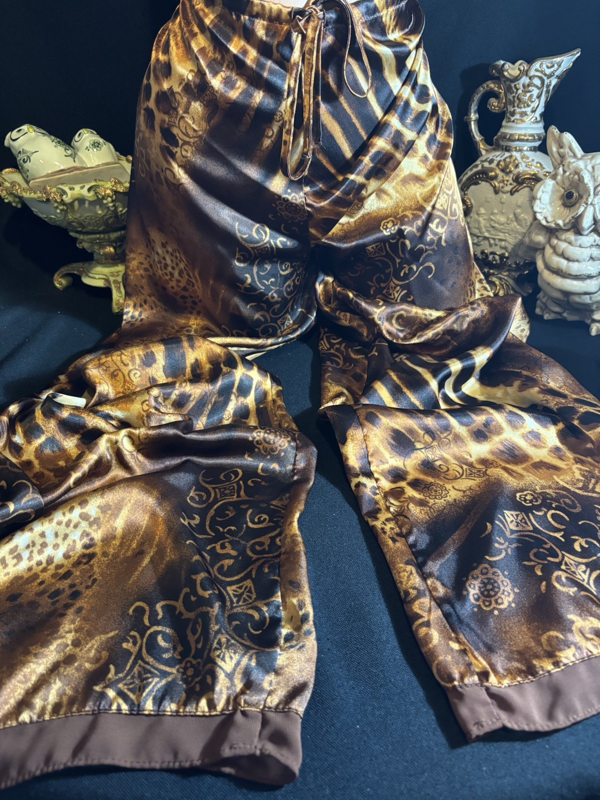 Vtg Satin Soft Shiny Nightie Pants PJ Lounge Sleep Wear Shiny GOld Lingerie 2X