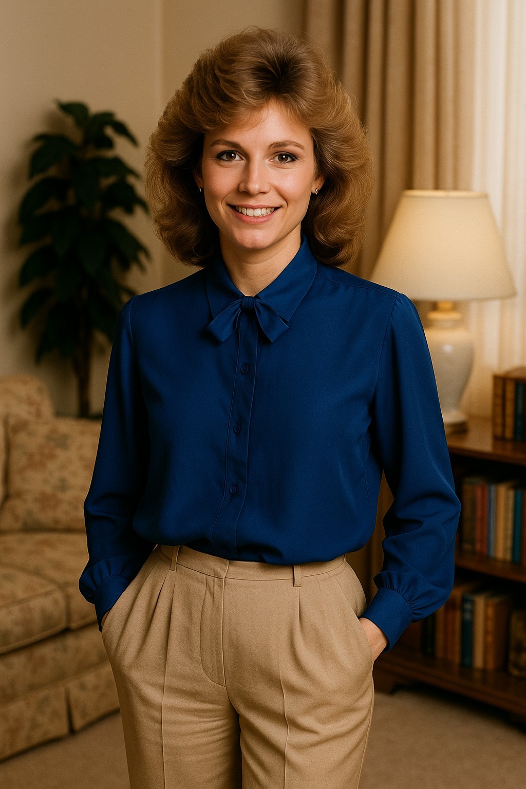 Vintage 1980s Country Suburban Navy Bow Blouse Size 12 Satin