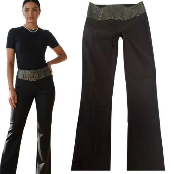 90’s vintage rare GUESS BLACK LOW RISE SNAKE PRINT LEATHER TRIM PANTS SZ. 28-29″