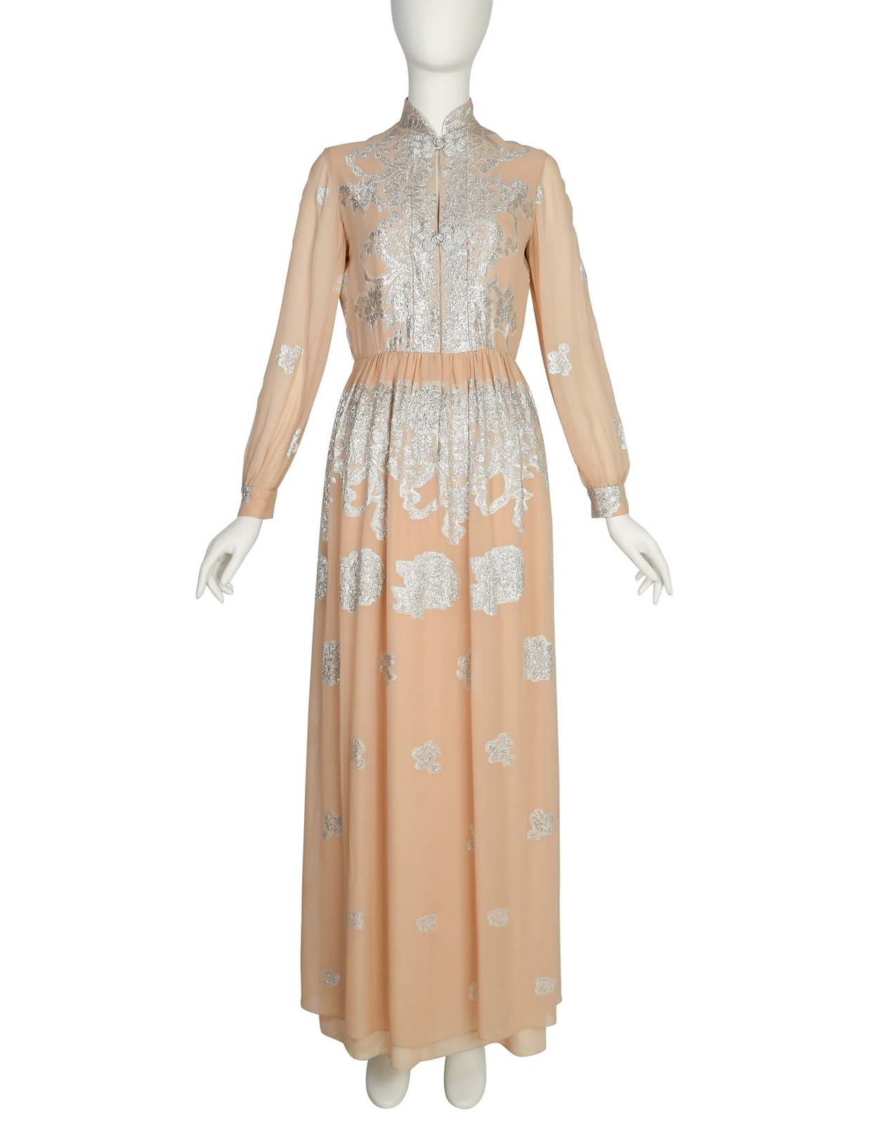 Oscar de la Renta Vintage 1960s Almond Silk Chiffon and Silver Lame Lurex Floral