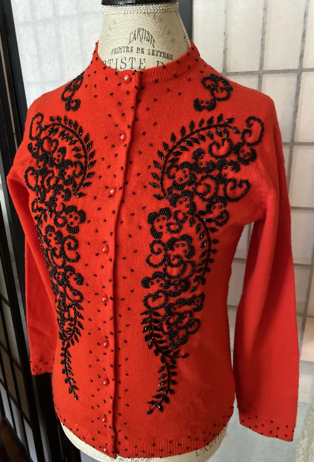 Vintage 40/50’s Stunning Red Blk Beaded Embellish Sweater 38=M/L (36” Bust)