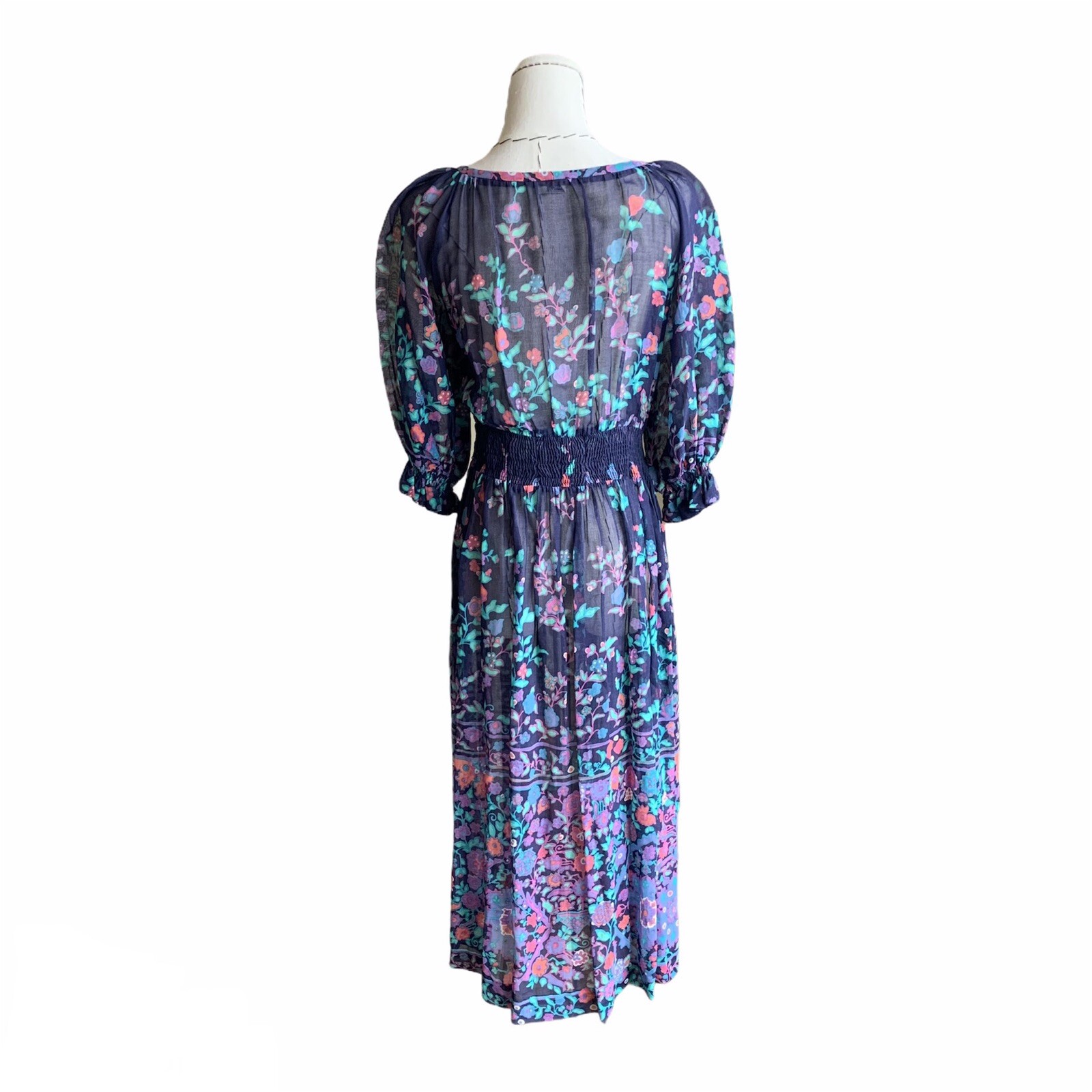 Vintage 70s Ted Lapidus Boutique Floral Day Dress Puff Sleeve Peasant Boho Sm