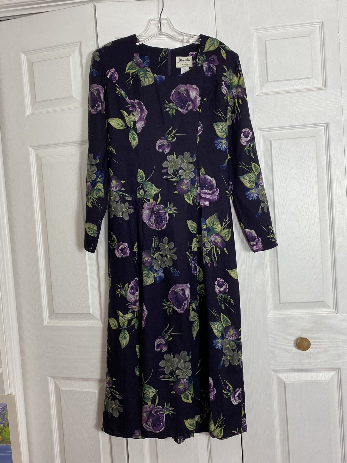 Vintage Jeffery & Dara Linda Hutley Dress Size 10 Purple Floral Modest LS Midi