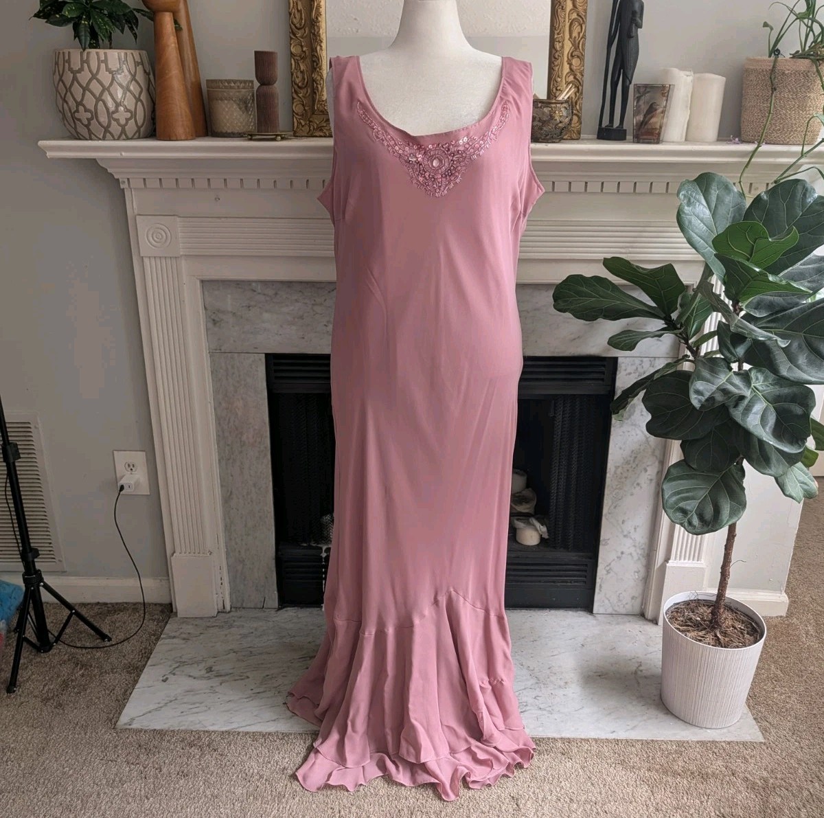 Vintage 90s Y2K Dusty Pink Beaded Column Dress Size 3X Maxi Ruffle Occasion MOB