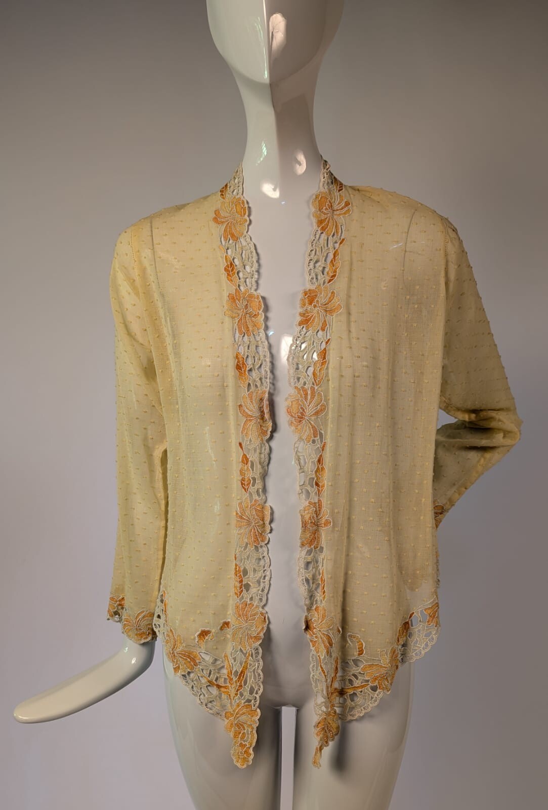 EDWARDIAN SWISS DOT MUSLIN JACKET W BEAUTIFUL FLORAL EMBROIDERED EDGES