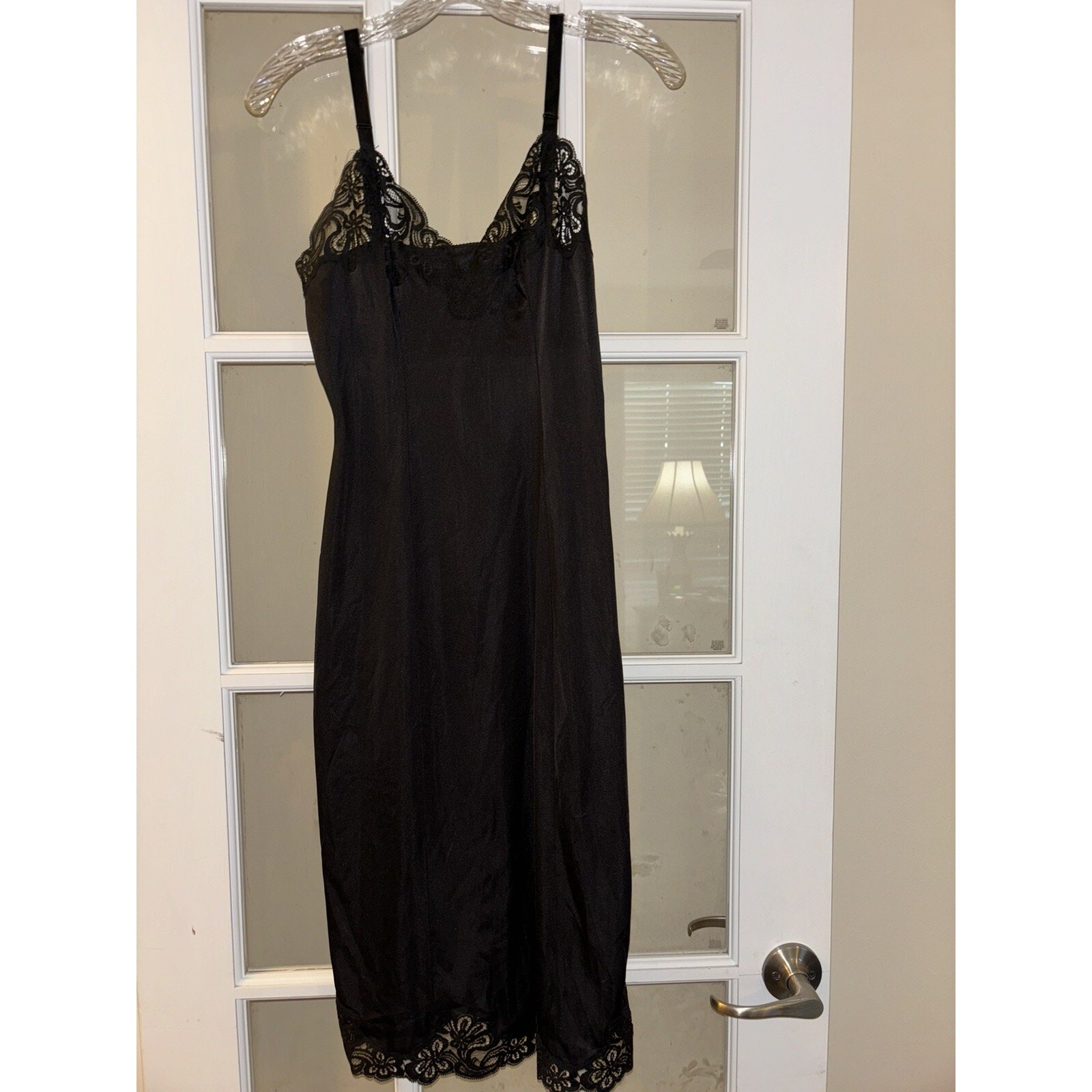 Shadowline black vintage slip night dress gown sleeveless lace nylon USA 32 tall